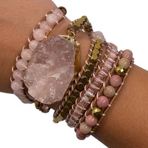 5 Layer Leather Wrap Bracelet with Crystal Rhodonite and Rose Quartz Cha…